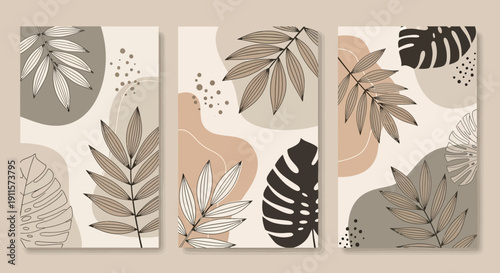 Triptych of modern botanical illustrations featuring leaves, plants, and abstract shapes in muted tones, Whisk-inspired design elements, digital art, flat lay