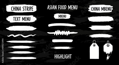 Asian cuisine menu design elements collection with text highlights and price tags on a textured background.