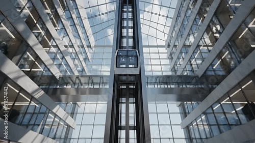 Interior view of a building with a central elevator, glass facade and a modern aesthetic