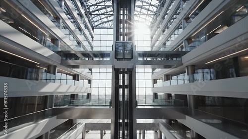 A modern, light-filled building interior with glass walls, escalators, and a glass ceiling