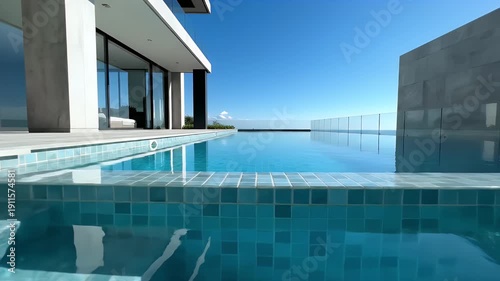 Modern architecture with a pool reflecting the sky, near a minimalist, glass walled building