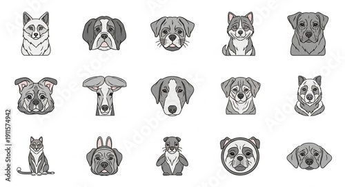Collection of Hand Drawn Dog Portraits in Sketch Style.