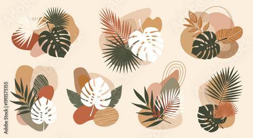 Tropical leaves and abstract shapes in a harmonious composition viewed from directly above