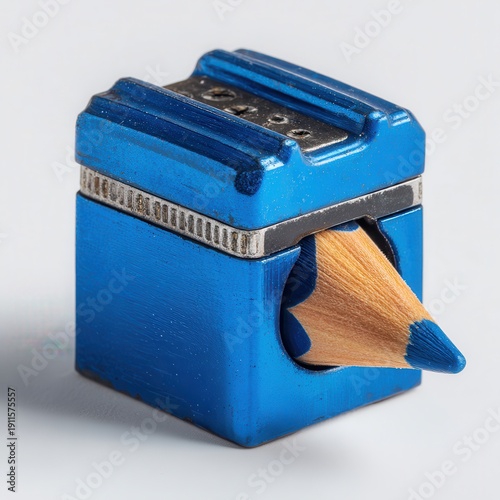 Bright blue pencil sharpener sits on a flat surface with a sharpened pencil inserted in it