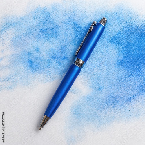 Blue pen on white paper with blue watercolor background