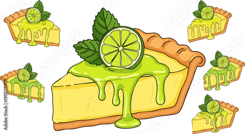 Vector illustration of a delicious key lime pie slice with dripping green glaze, fresh mint leaves, and a lime wheel, isolated on a transparent background with smaller slices surrounding it.
