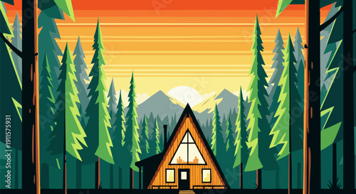 Vector illustration of a cozy A-frame cabin nestled in a dense pine forest at sunset, with distant mountains and a warm orange sky.