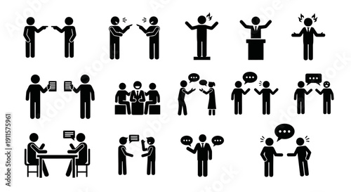 Minimalist black silhouette icon set featuring 12 different people debating arranged in a clean structured grid. Each icon presents a unique conflict interaction including pointing fingers