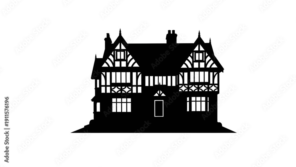 Obraz premium Traditional Tudor style house silhouette with timber framing and multiple gables