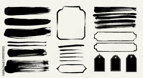 Collection of assorted black brush strokes and shapes in various forms and sizes on a clean background viewed from a straightforward perspective Whisk