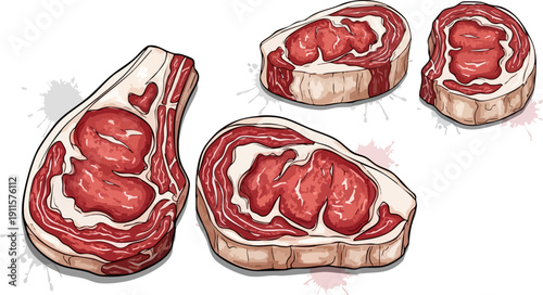 Vector hand-drawn illustration set of raw red beef steaks with white fat marbling, isolated on a transparent background with subtle watercolor ink splatters.