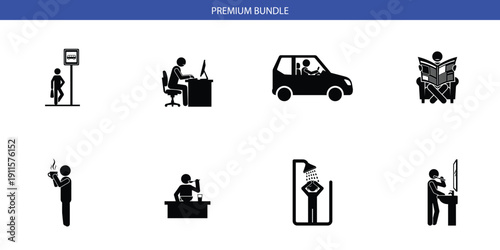 Everyday Routine Icon Bundle: Bus Stop, Working at Computer, Driving, Reading Newspaper, Coffee Break, Brushing Teeth, Showering, and Grooming