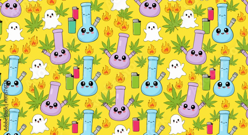 Cute vector seamless pattern with kawaii cartoon bongs, cannabis leaves, ghosts, and lighters on a vibrant yellow background, ideal for fabric, packaging, or digital media.