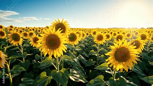 Field of sunflowers bathed in sunlight with a clear blue sky, view from the flower's perspective