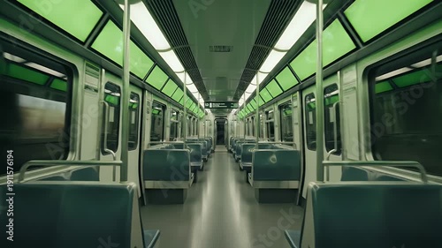 Interior view of a clean, empty subway car with green ceiling panels, benches, and windows