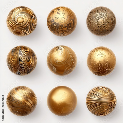 Round golden spheres in various designs arranged in a grid on a light background