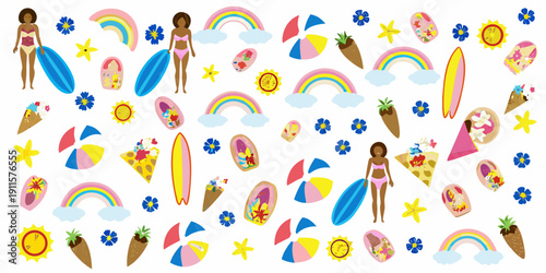 Colorful pattern with rainbows surfboards ice cream and summer figures