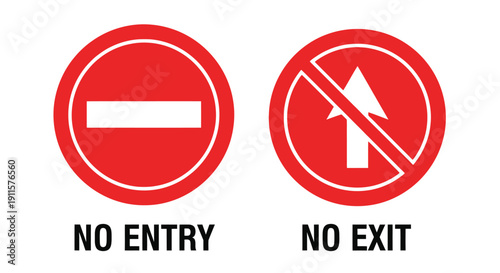 Red prohibition signs indicating no entry and no exit directions for safety and restricted access purposes always clearly visible