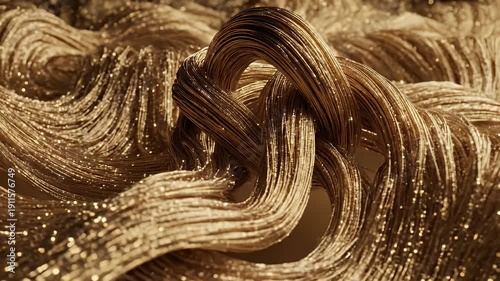 A macro shot showcasing intertwined golden strands with a woven knot. Textured and detailed