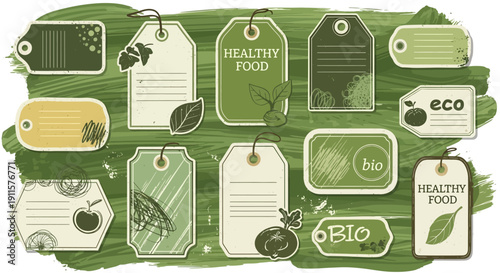 Collection of eco-friendly labels and tags for healthy food on a green background, viewed from directly above