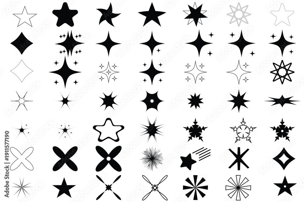 Fototapeta premium Star Icon,set of black silhouettes of stars vector,Collection of different vector sparkling stars icon, decorative twinkle and bursts forms,Element vector set.Star shapes for design use.
