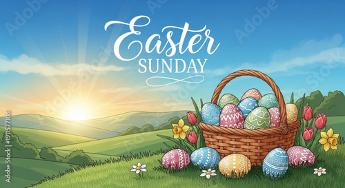 Easter sunday basket with colorful eggs and flowers in a green landscape at sunrise