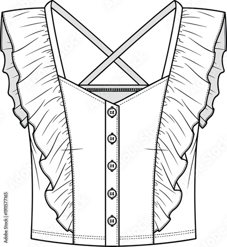 Women ruffle sleeve blouse technical fashion sketch with button front and cross back straps vector apparel template