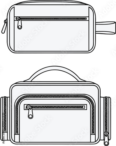 Travel toiletry bag front and side view technical line drawing vector illustration isolated on white backgroundTravel toiletry bag front and side