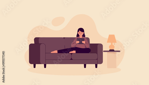 A relaxed young woman is comfortably lounging on a stylish purple sofa in her living room, deeply engrossed in using a digital tablet for entertainment, communication, or learning, enjoying a modern m