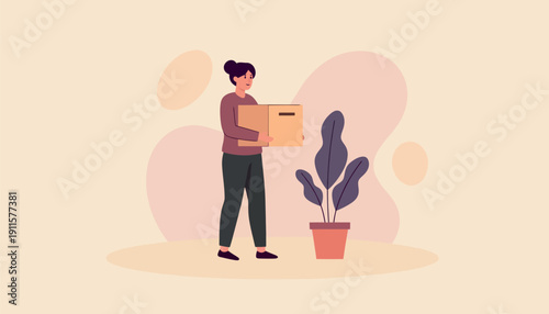 A diligent young woman is carefully carrying a sturdy cardboard moving box with both hands, standing next to a vibrant potted plant, symbolizing the process of packing, relocating, or organizing her h