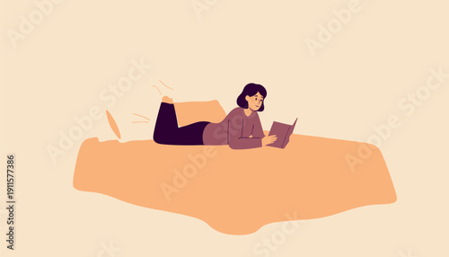 A relaxed young woman is comfortably lying on her stomach in a soft, cozy bed, completely immersed in reading an intriguing book, enjoying a peaceful moment of solitude and intellectual engagement wit