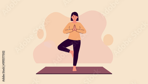 A serene young woman stands gracefully on a yoga mat in a tranquil indoor space, perfectly balancing in the classic tree pose with her hands pressed together in a prayer position, symbolizing mindfuln