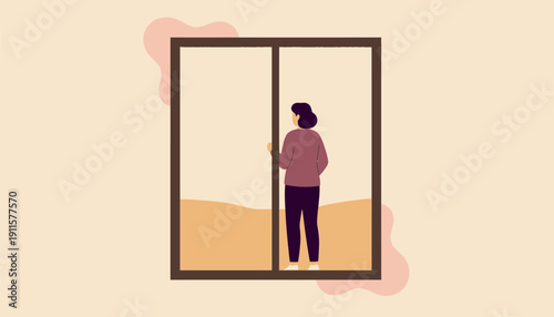 A contemplative young woman stands with her back to the viewer, gazing thoughtfully out of a large, framed window, observing the world beyond her home, embodying a moment of quiet reflection, introspe