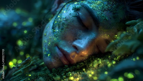 Mystical Forest Dream – Bioluminescent Fantasy Portrait of Sleeping Nature Spirit in Enchanted Moss