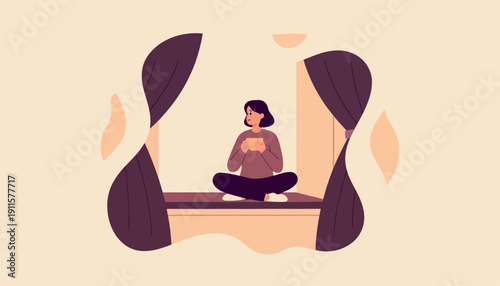 A tranquil young woman sits peacefully cross-legged on a cozy window seat, gently holding a steaming mug of coffee or tea, immersed in a serene moment of quiet reflection, while elegant curtains frame