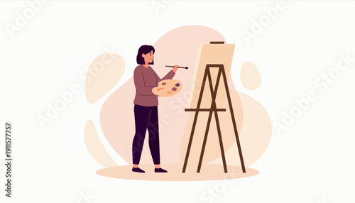 A female artist with a focused expression stands confidently in front of a tall wooden easel displaying a blank canvas, gracefully holding a paintbrush in one hand and a colorful palette in the other,