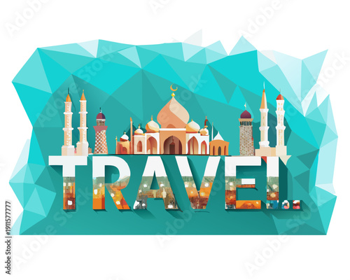 Travel poster style vector of a famous mosque (like Blue Mosque or Sheikh Zayed Mosque), flat geometric style, travel and wanderlust concept.