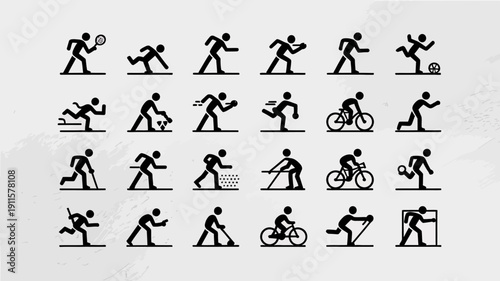 Athletic Icon Collection: A comprehensive compilation of dynamic athlete icons representing various sports, ideal for design projects related to fitness, competition, and sportsmanship.