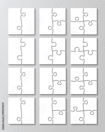 Puzzle pieces scheme for thinking game. Simple mosaic background with separate details. Jigsaw grids set. Cutting template. Vector illustration.