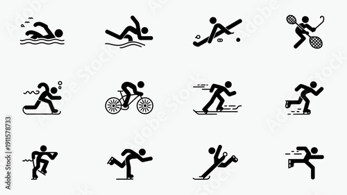 Sport Icon Collection: A dynamic collection of minimalist icons captures the essence of various sports and athletic activities, with each silhouette representing a different discipline.