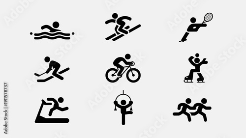 Sports Icon Collection: A set of dynamic icons representing a diverse range of sports, each in a simple, elegant style, perfect for illustrating athleticism and activity.