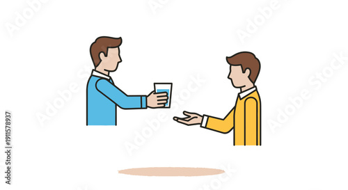 Two men exchanging a cup.