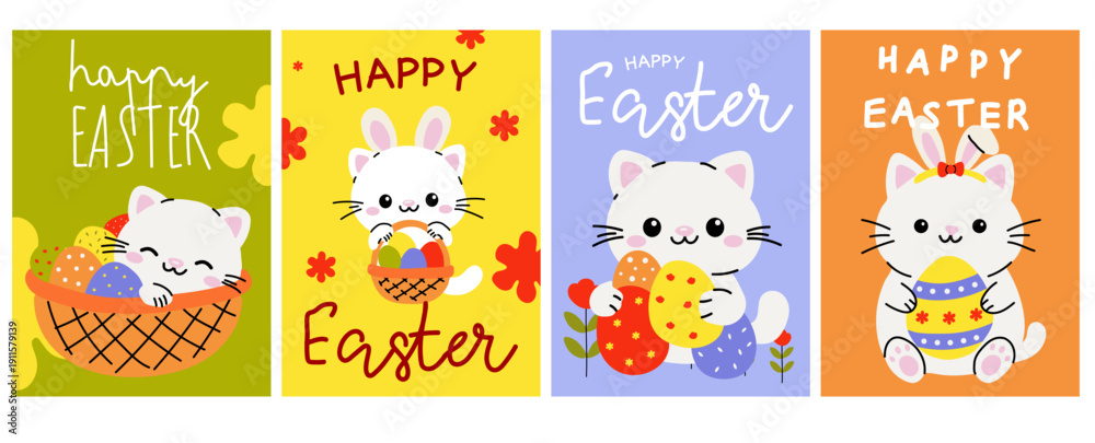 Fototapeta premium Happy Easter Cat Greeting Card Set