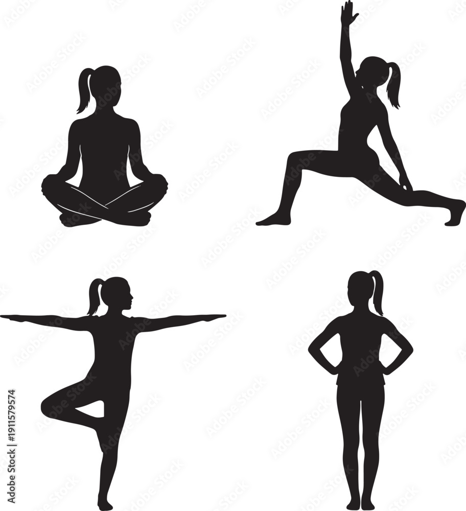 Fototapeta premium Four black silhouettes of women practicing various yoga poses isolated on white background