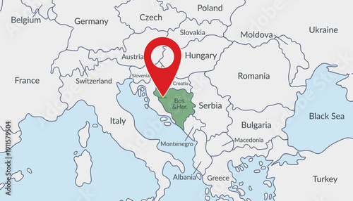 Bosnia and Herzegovina on Europe map with pin location marker3. Vector flat template.