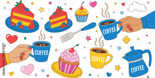 Colorful dessert and coffee illustration, layered cakes with fruit, cupcakes with cherries, steaming mugs, cheerful background, playful vector artwork for celebration design