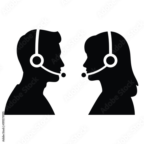 A minimalist black and white silhouette of  male and female customer service representative wearing headsets, ready to assist isolated on white background