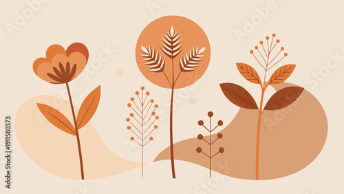 Minimalist boho abstract floral illustration in retro mid century style.eps