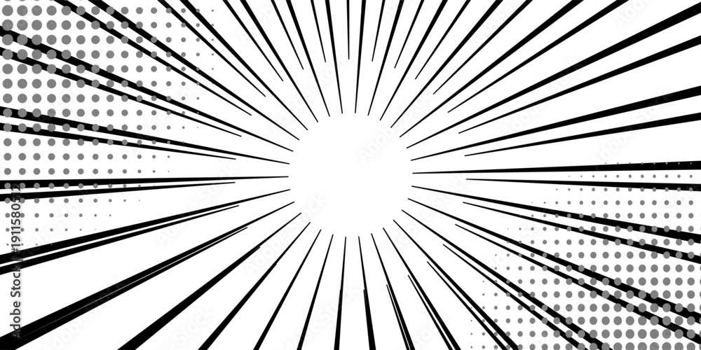 Obraz premium Comic book black and white radial lines background. Manga speed frame. Super hero action. Vector illustration.