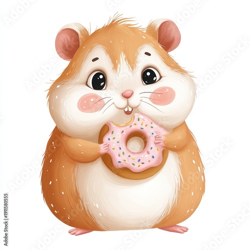 Cute hamster holds a donut in its paws with a happy expression in a simple cartoon style